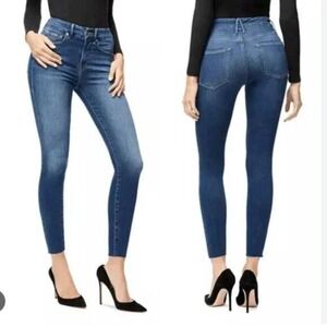 GOOD AMERICAN High Rise Skinny Jeans Women Blue‎ Wash Distressed Hem 28x27